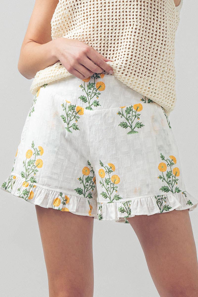 Yellow Floral Print Ruffle Shorts with Smocked Waist