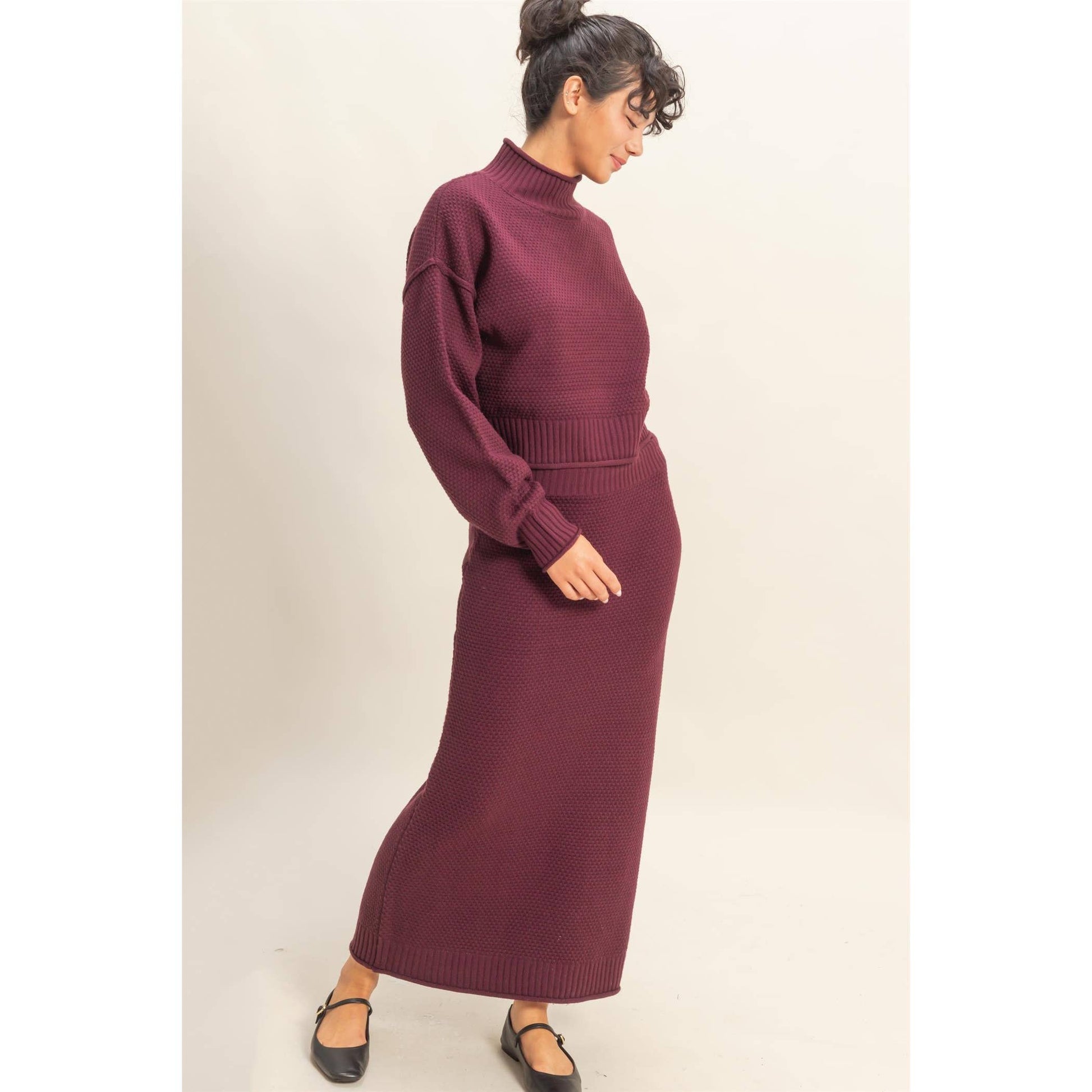 Textured High Neck Sweater & Skirt Set: DARK CHERRY