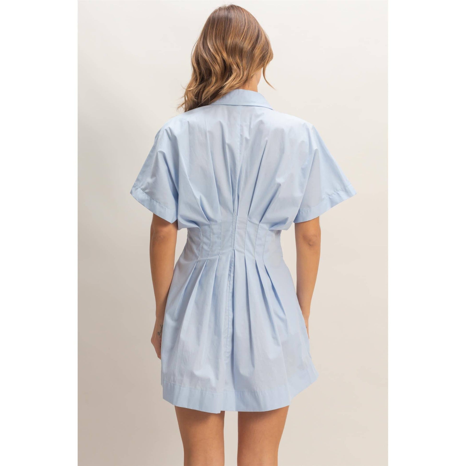 Pleated Button-Up Dress: L.BLUE