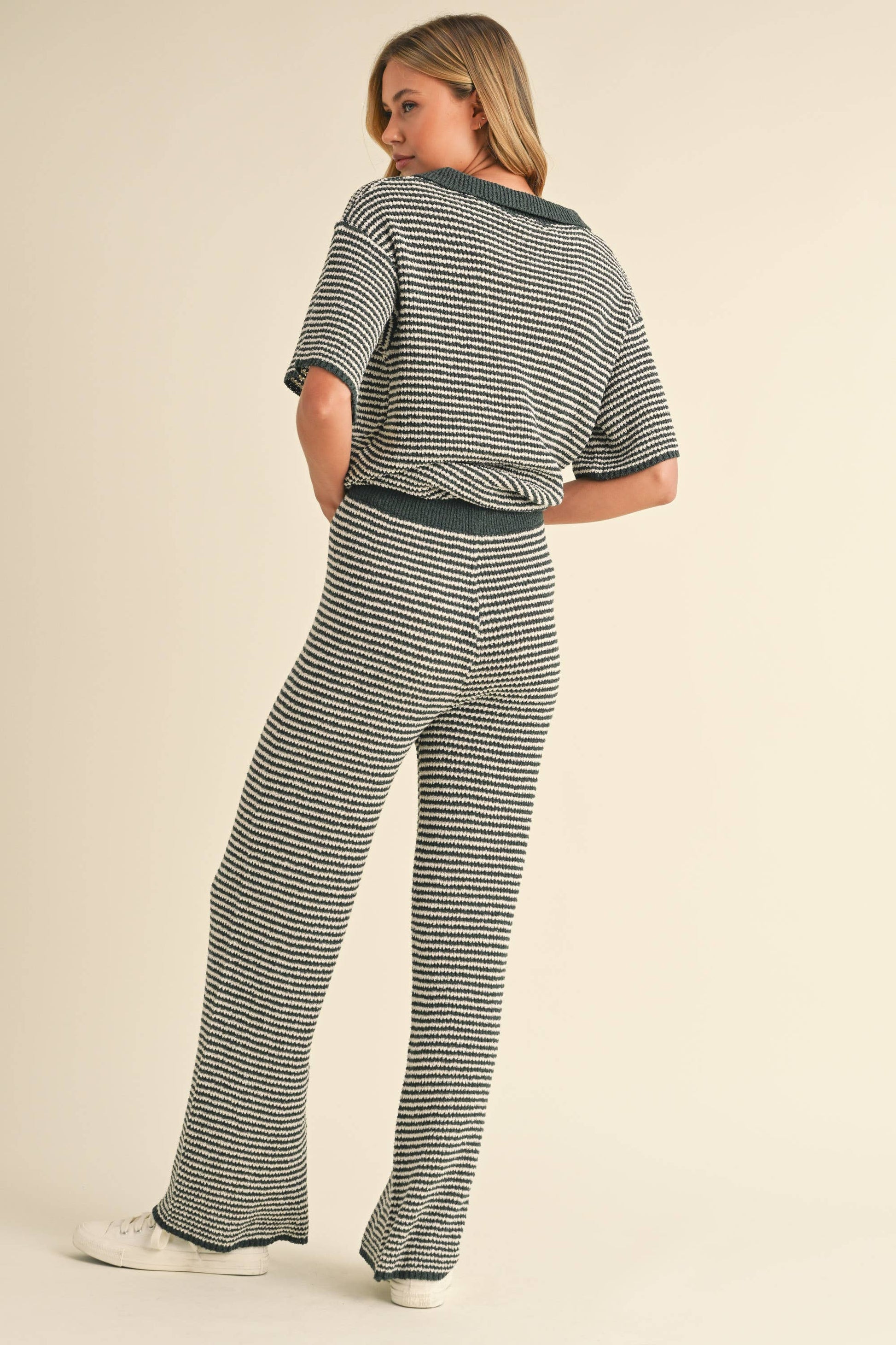 SHORT SLEEVE SWEATER TOP AND PANTS SET: HUNTER GREEN