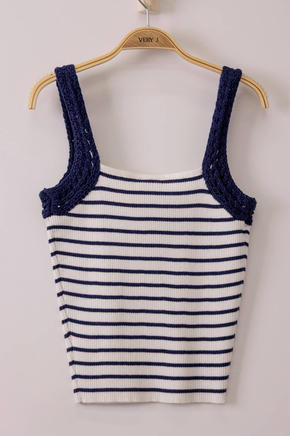 Crochet Sleeve Striped Knit Tank Top: NAVY