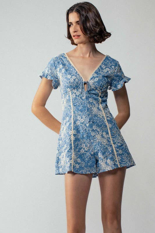 Boho Embroidered Flutter Sleeve Romper