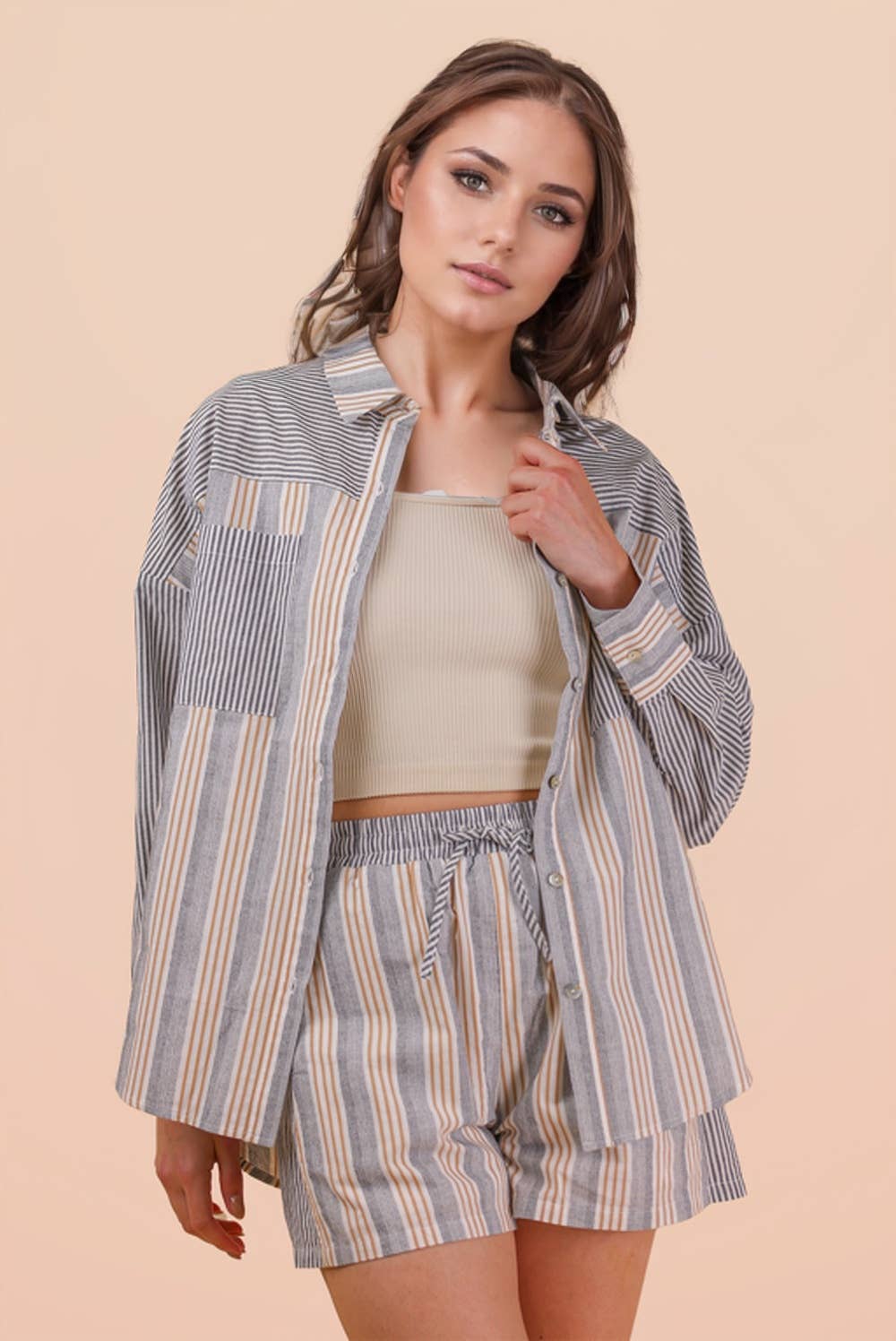 Stripe Woven Shirt Top & Shorts Set: TAUPE/BLACK