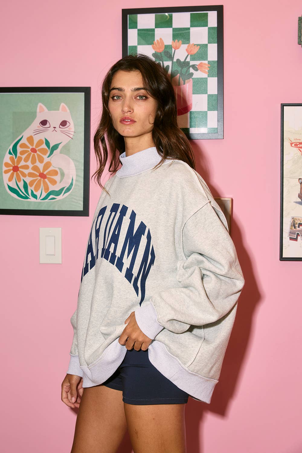 WARDAMN 'WAR DAMN & TIGERS' Reversible Mock Neck Top: Heather grey