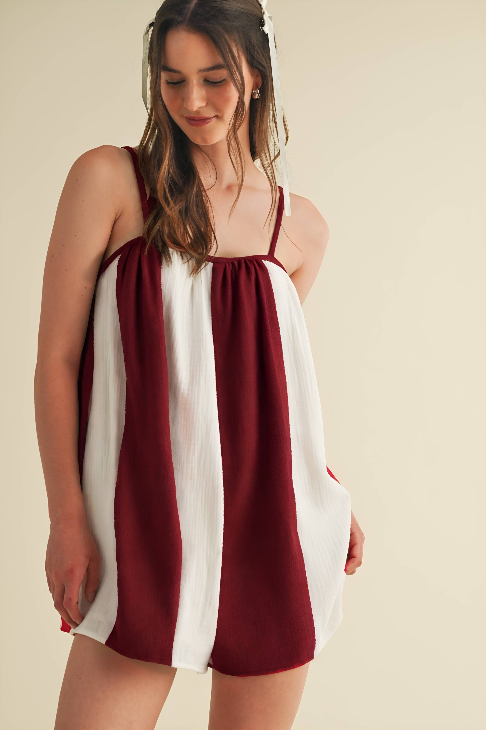 STRIPED OVERSIZED GAME DAY SUMMER ROMPER: Burgundy