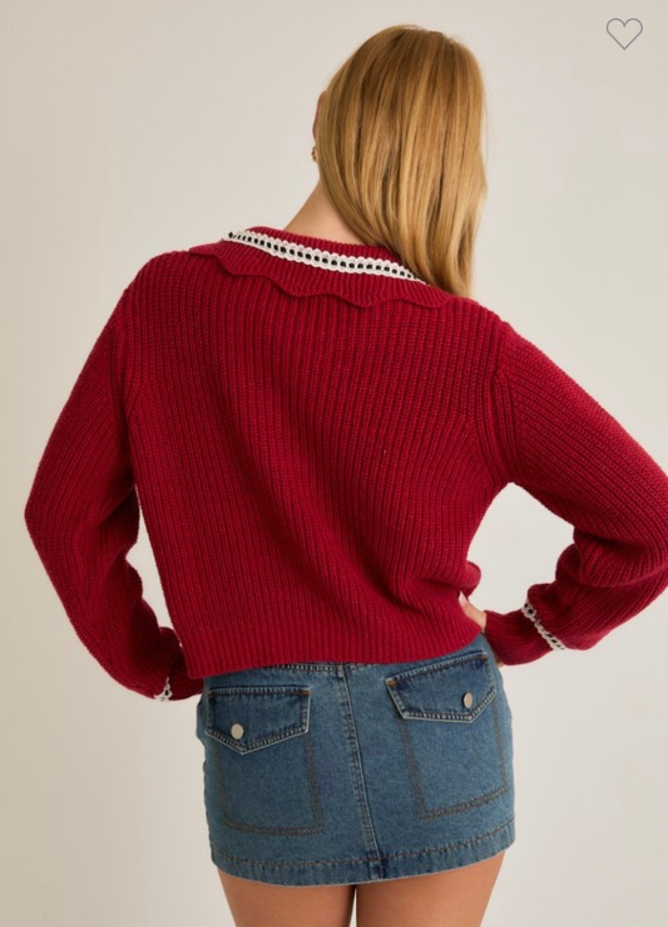 Scalloped Collar Lace Trim Detail Sweater Cardigan
