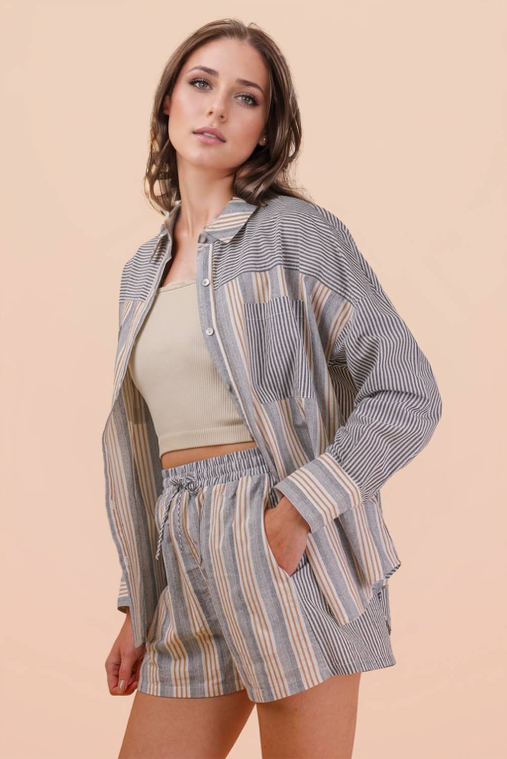 Stripe Woven Shirt Top & Shorts Set: TAUPE/BLACK