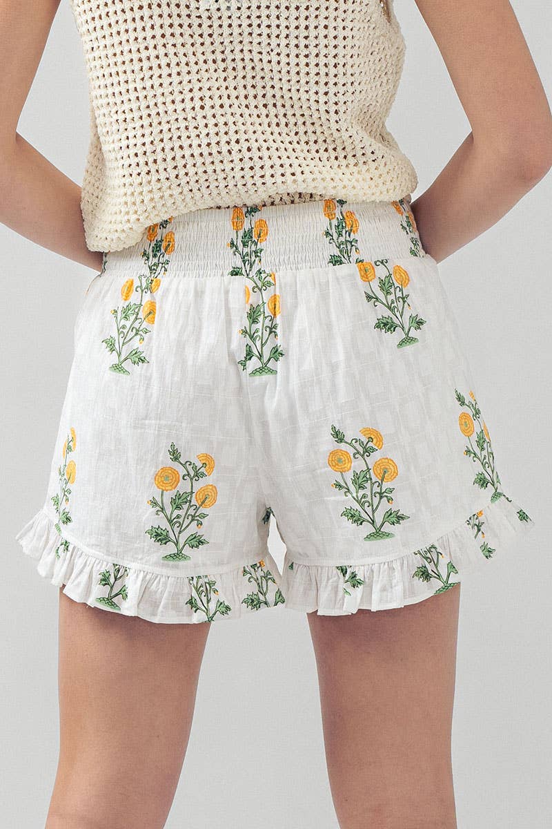 Yellow Floral Print Ruffle Shorts with Smocked Waist