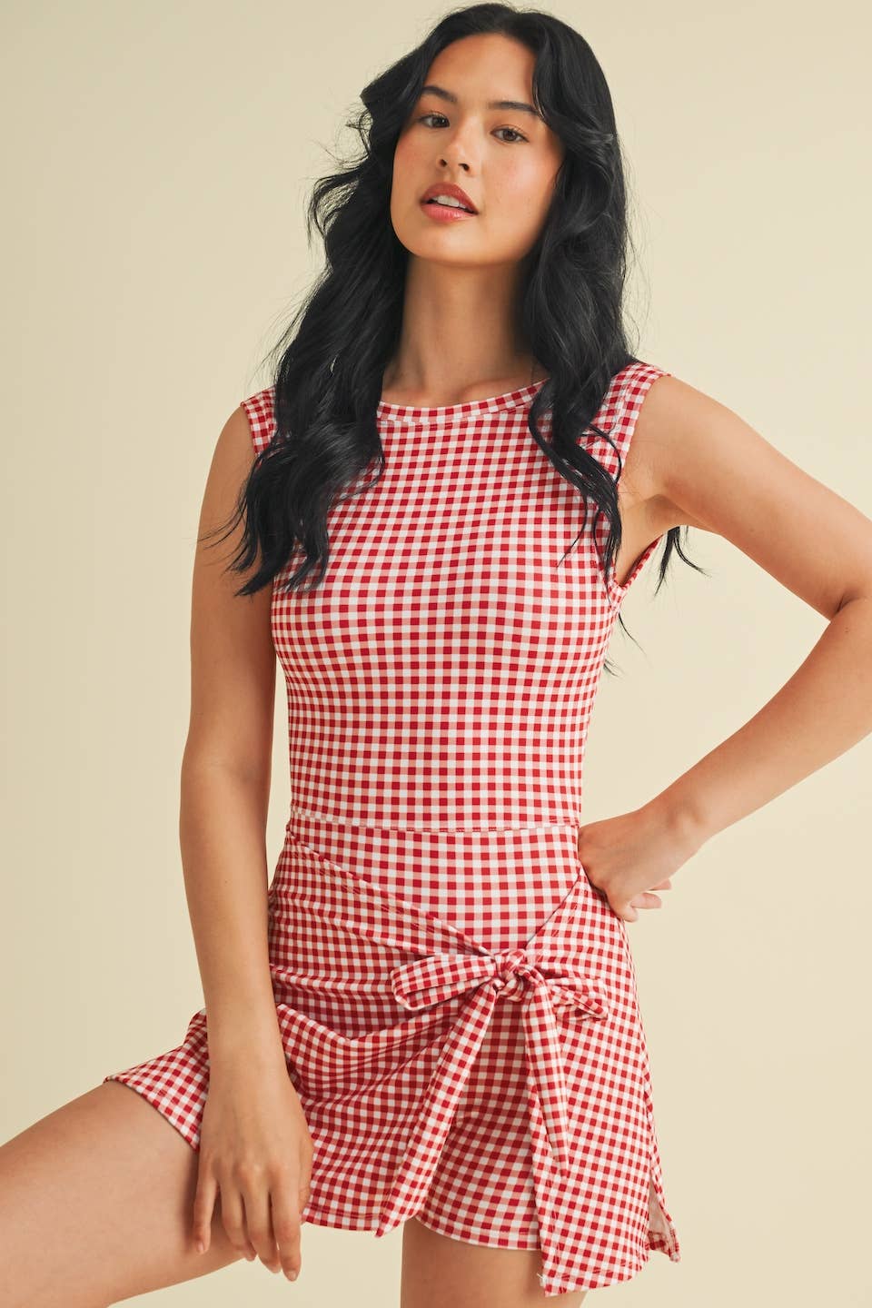 Gingham Print Sleeveless Wrap Tie Front Dress : Red Gingham