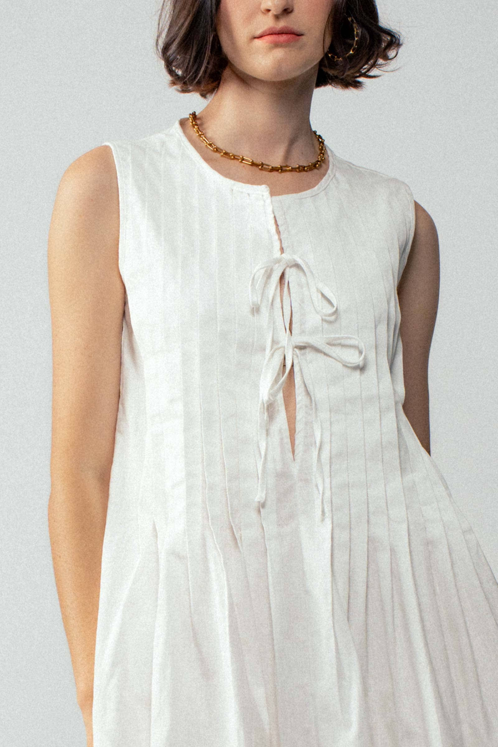 Romantic Pleated Deep V Neck Front Tie Sleeveless Mini Dress