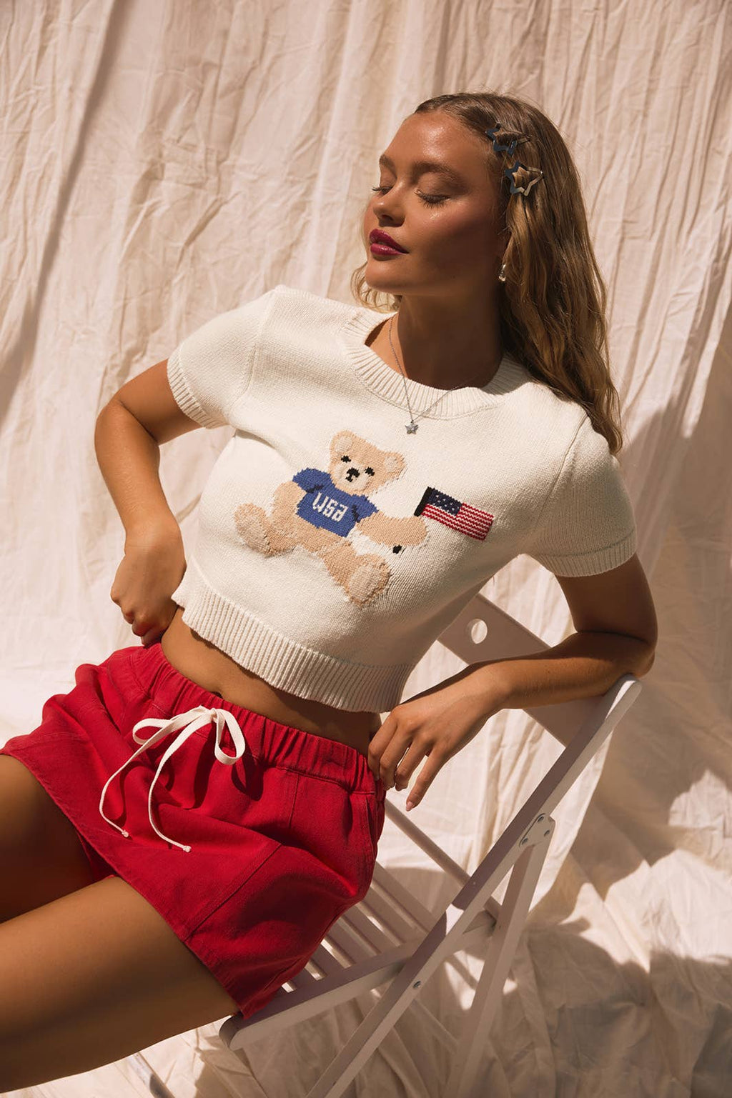 TEDDY BEAR WITH USA FLAG" GRAPHIC CREW NECK SWEATER TOP