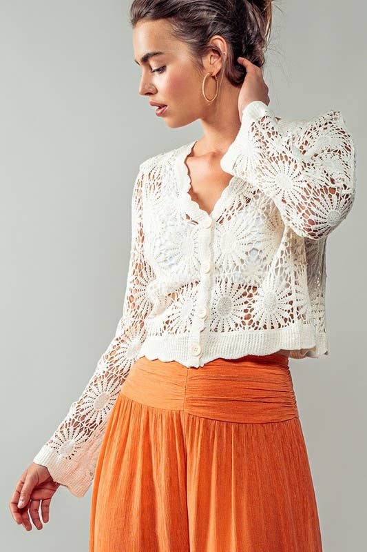 Romantic Floral Crochet Button Down Spring Cropped Cardigan