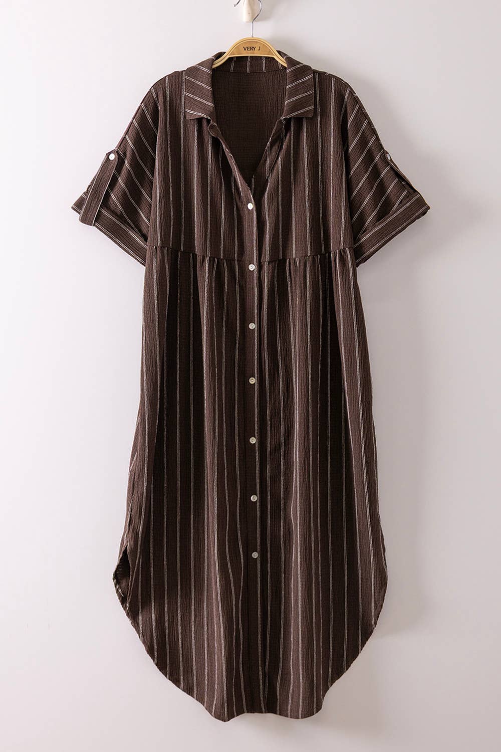 Striped Linen Midi Button Down Shirt Dress: TAUPE