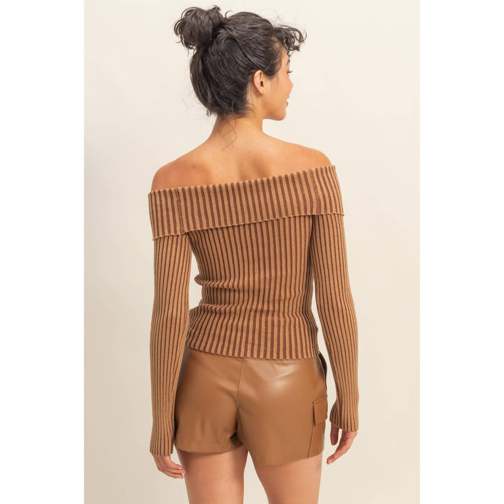 Off-Shoulder Ribbed Knit Top: CHESTNUT