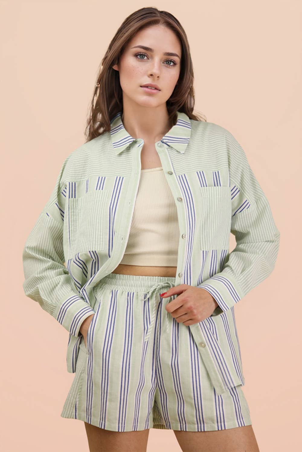 Stripe Woven Shirt Top & Shorts Set: BLUE/SAGE
