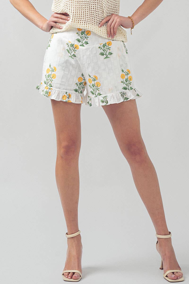 Yellow Floral Print Ruffle Shorts with Smocked Waist