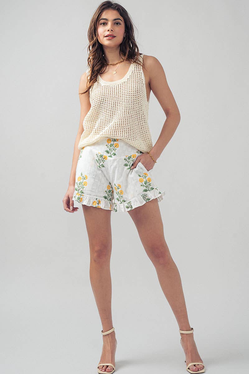Yellow Floral Print Ruffle Shorts with Smocked Waist