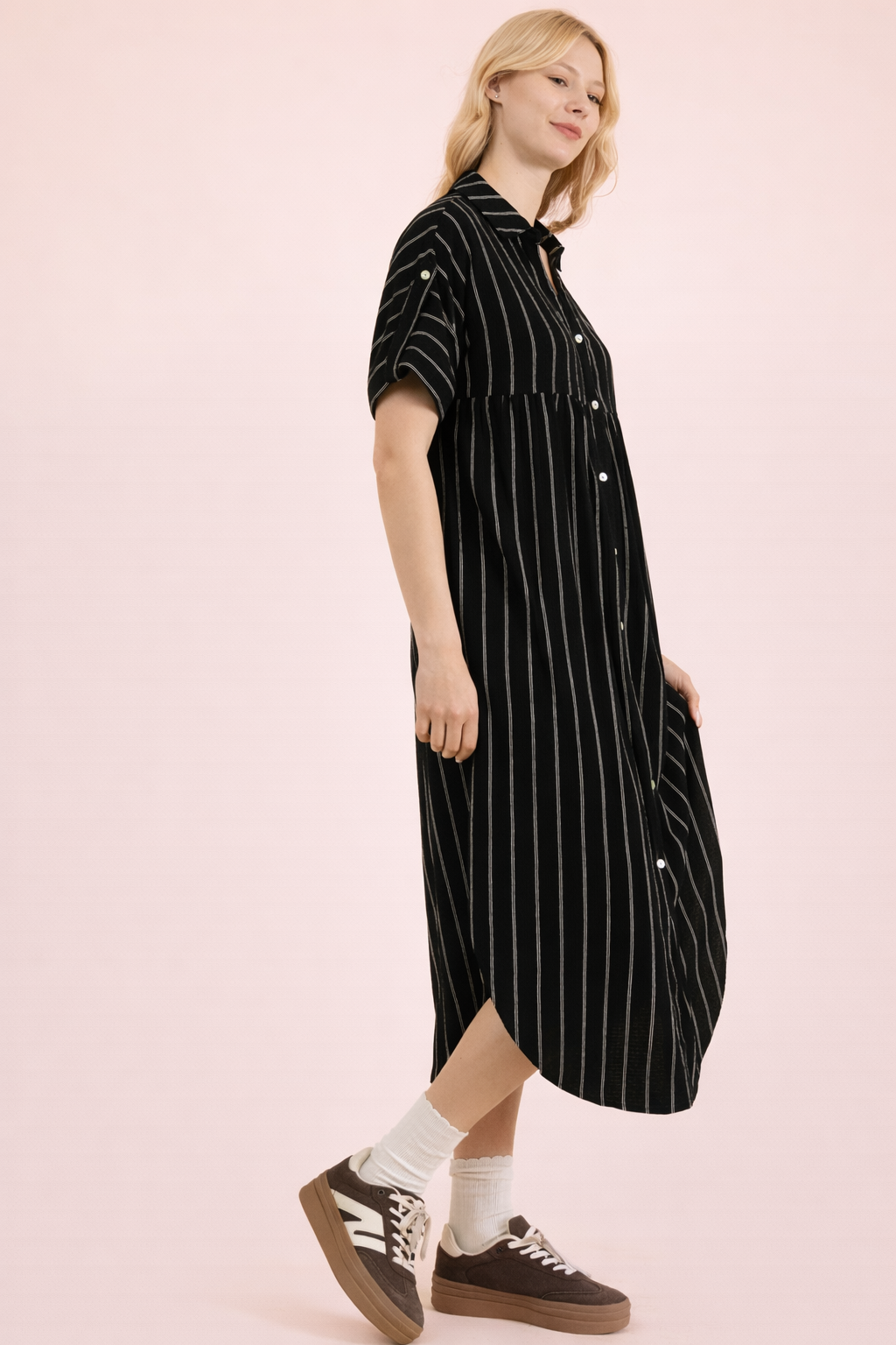 Striped Linen Midi Button Down Shirt Dress: TAUPE
