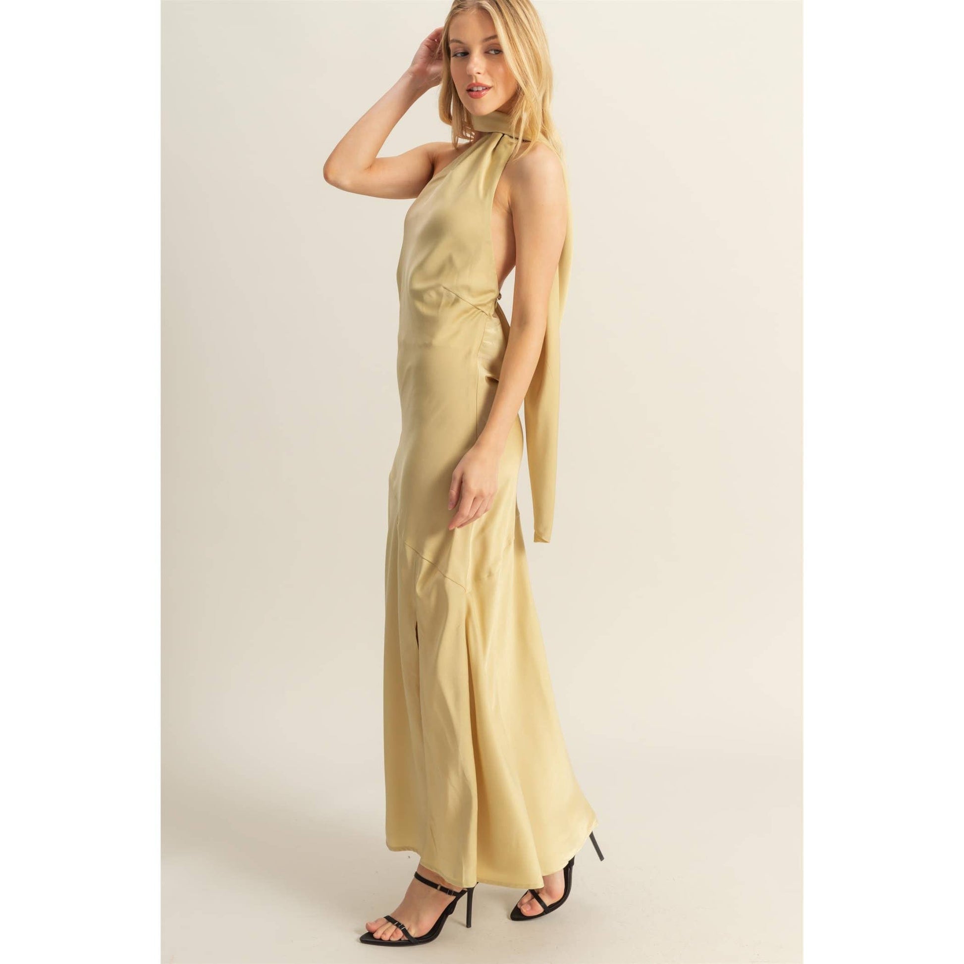 Curve Hugging Satin Halter Maxi Dress