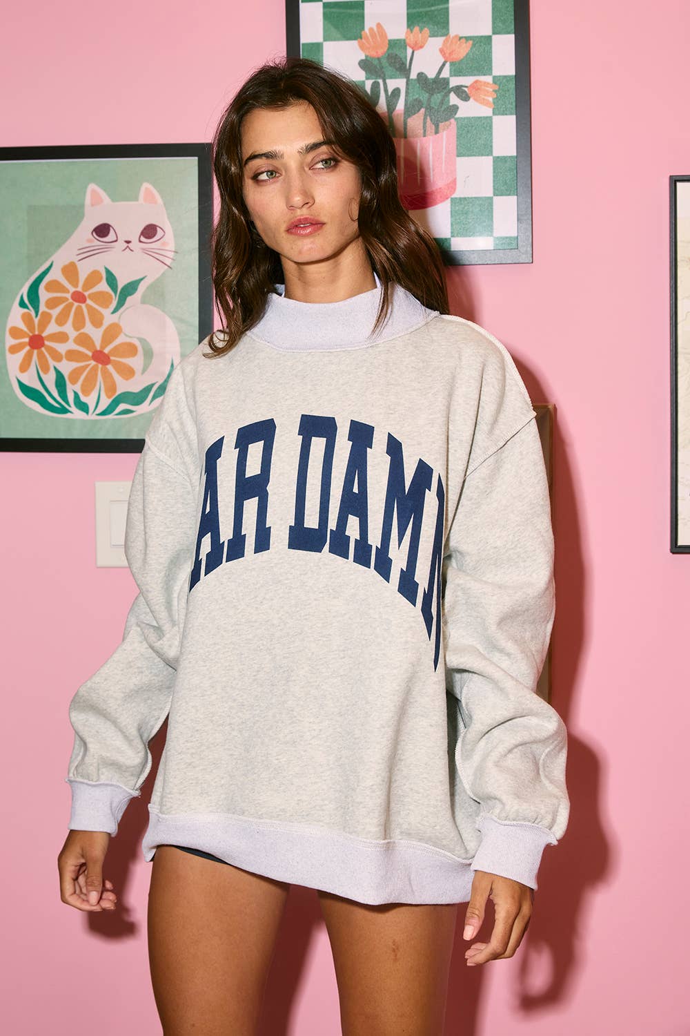 WARDAMN 'WAR DAMN & TIGERS' Reversible Mock Neck Top: Heather grey
