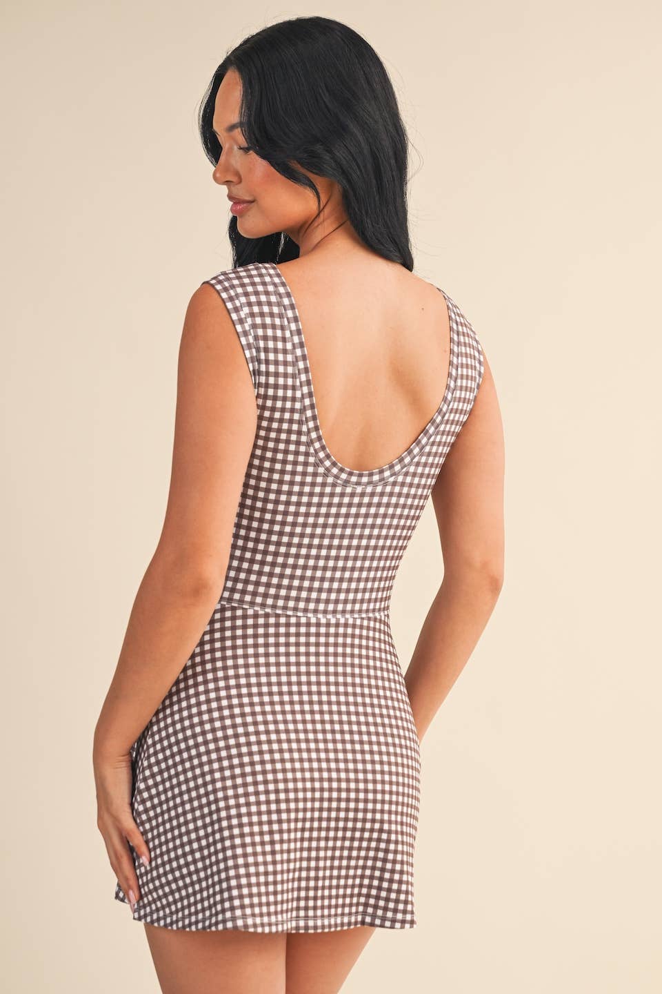 Gingham Print Sleeveless Wrap Tie Front Dress : Brown Gingham