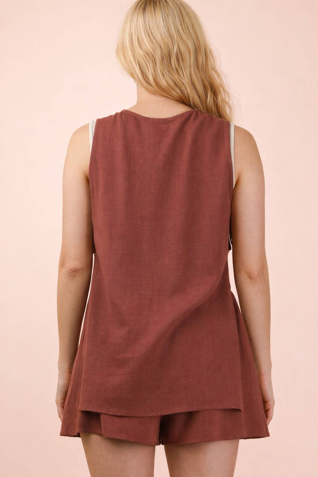 Solid Linen Top & Shorts Set: BRICK