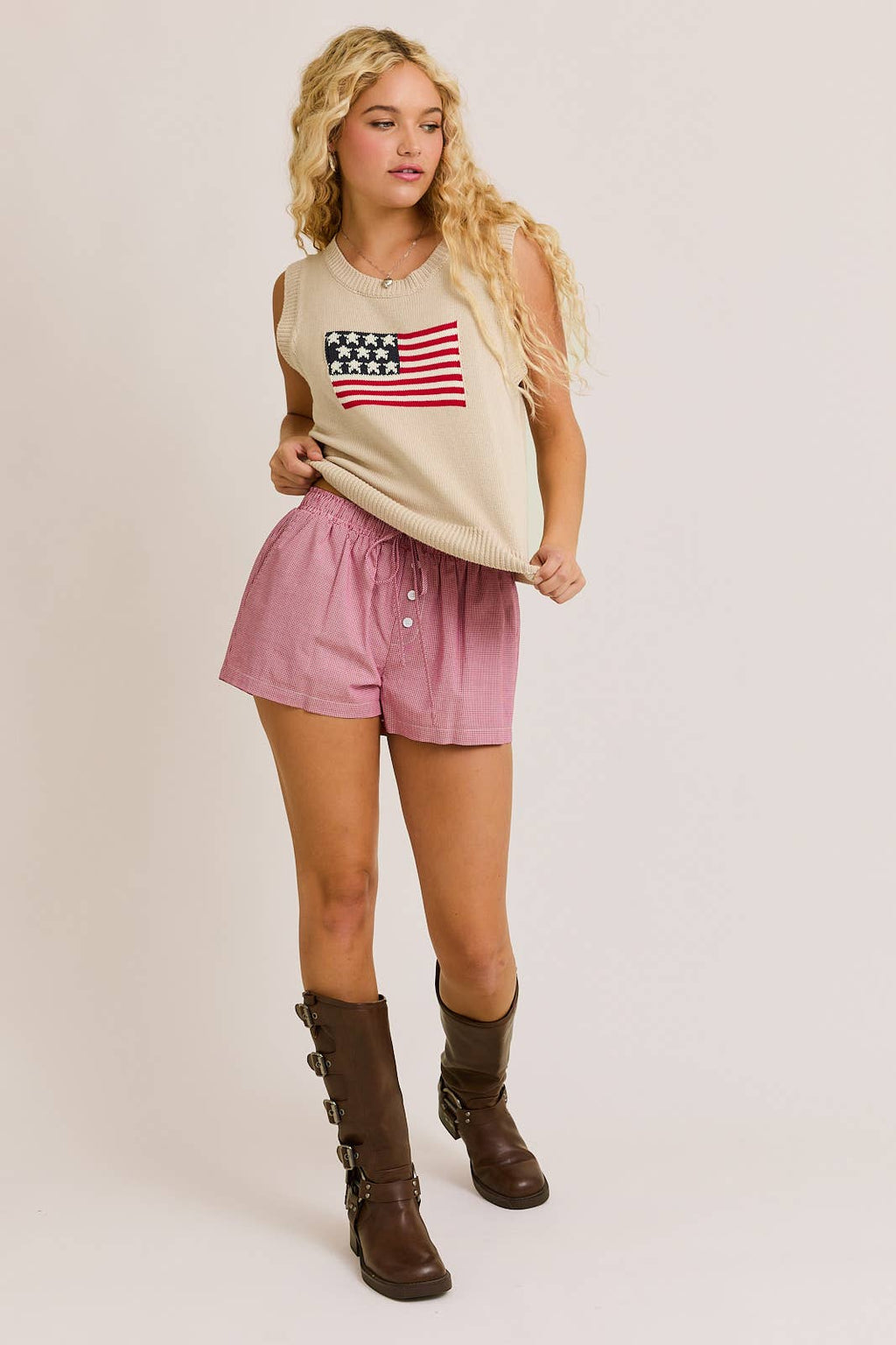 AMERICAN FLAG SLEEVELESS SWEATER TOP: TAUPE