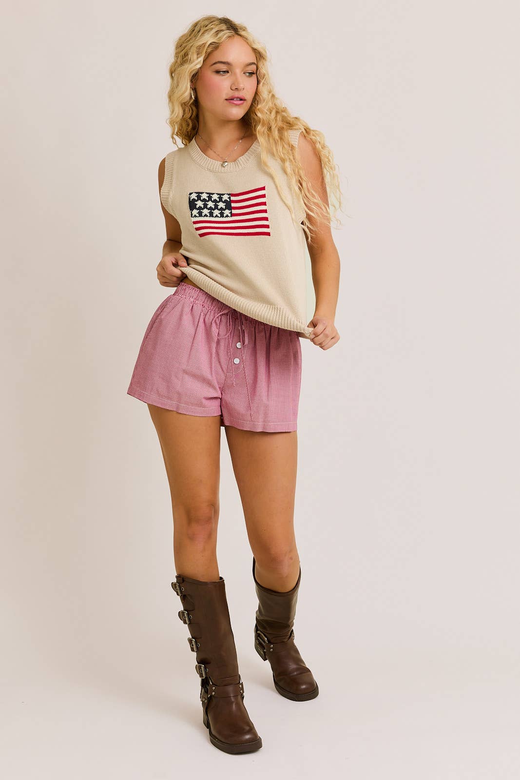 AMERICAN FLAG SLEEVELESS SWEATER TOP: TAUPE