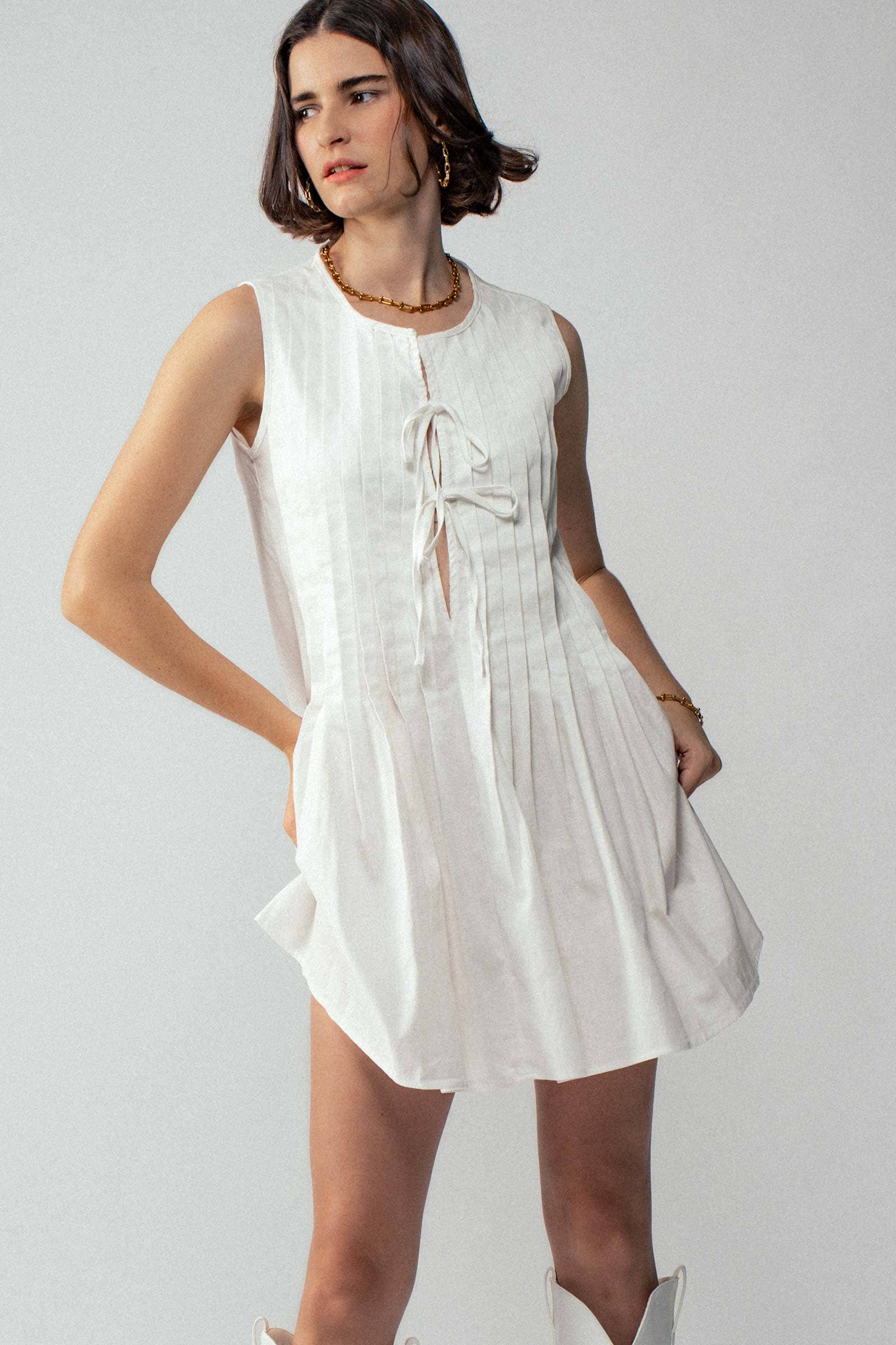 Romantic Pleated Deep V Neck Front Tie Sleeveless Mini Dress