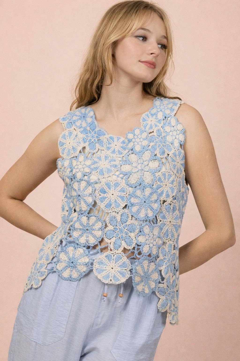 Floral Lace Crochet Sleeveless Top: BLUE