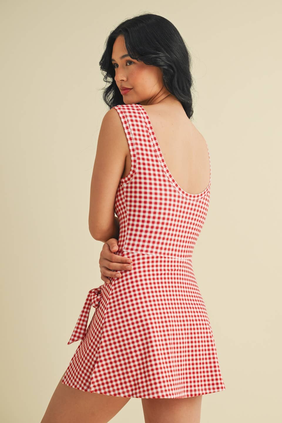 Gingham Print Sleeveless Wrap Tie Front Dress : Red Gingham
