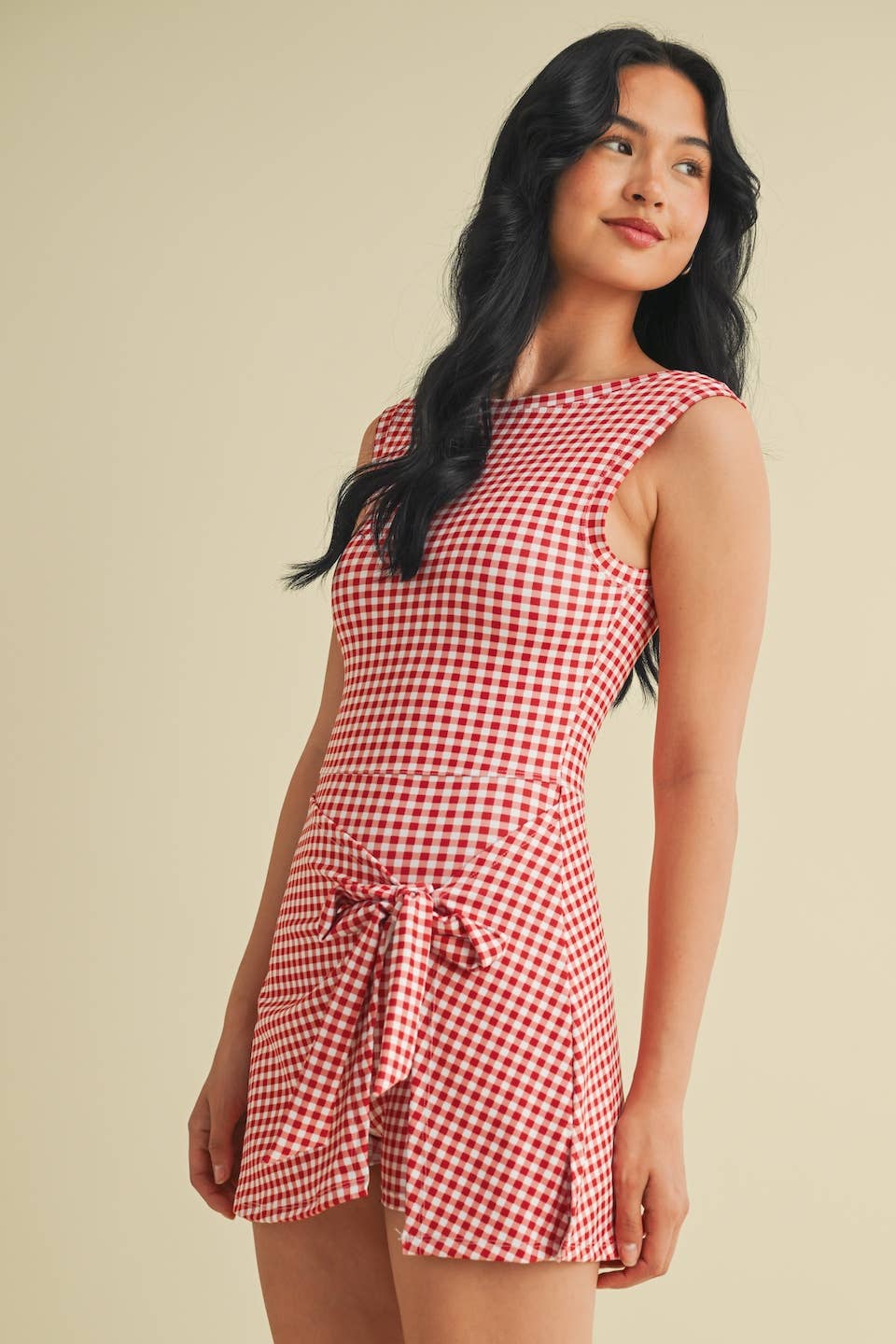 Gingham Print Sleeveless Wrap Tie Front Dress : Red Gingham