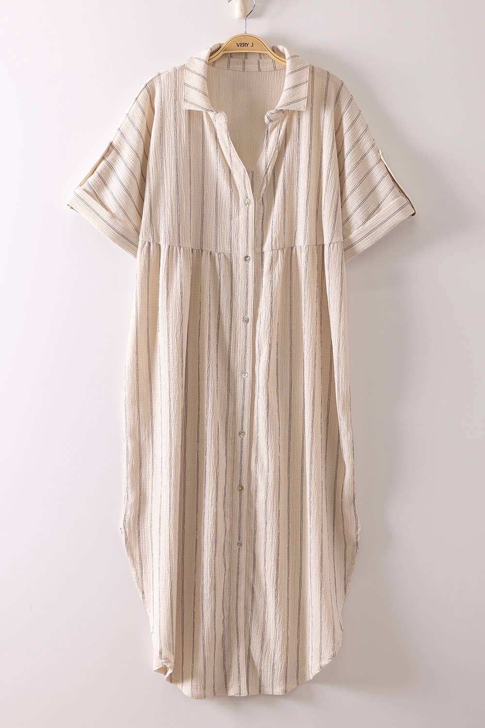 Striped Linen Midi Button Down Shirt Dress: TAUPE