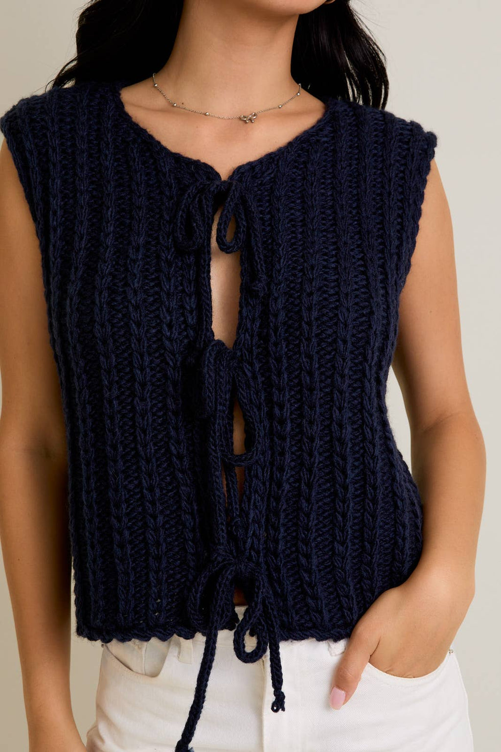ROUND NECK FRONT TIE CHUNKY SWEATER VEST: LT BLUE