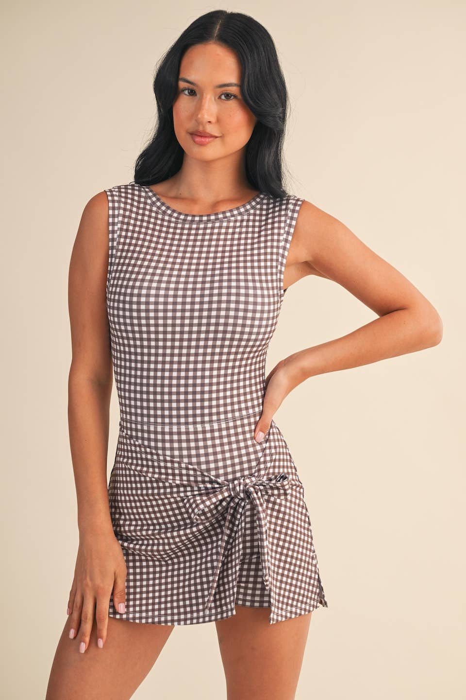 Gingham Print Sleeveless Wrap Tie Front Dress : Brown Gingham
