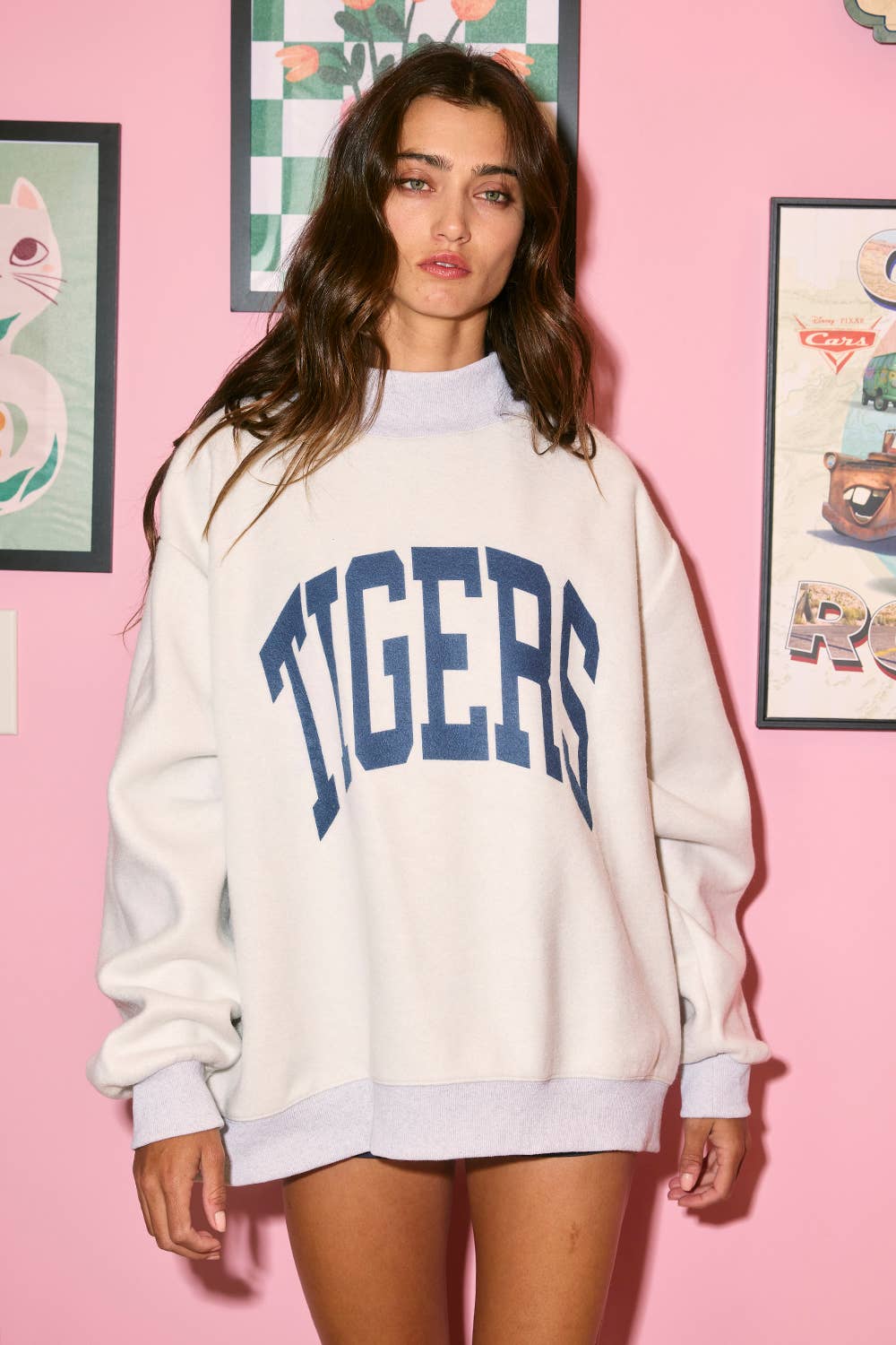 WARDAMN 'WAR DAMN & TIGERS' Reversible Mock Neck Top: Heather grey