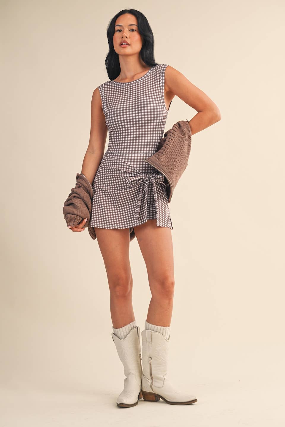 Gingham Print Sleeveless Wrap Tie Front Dress : Brown Gingham