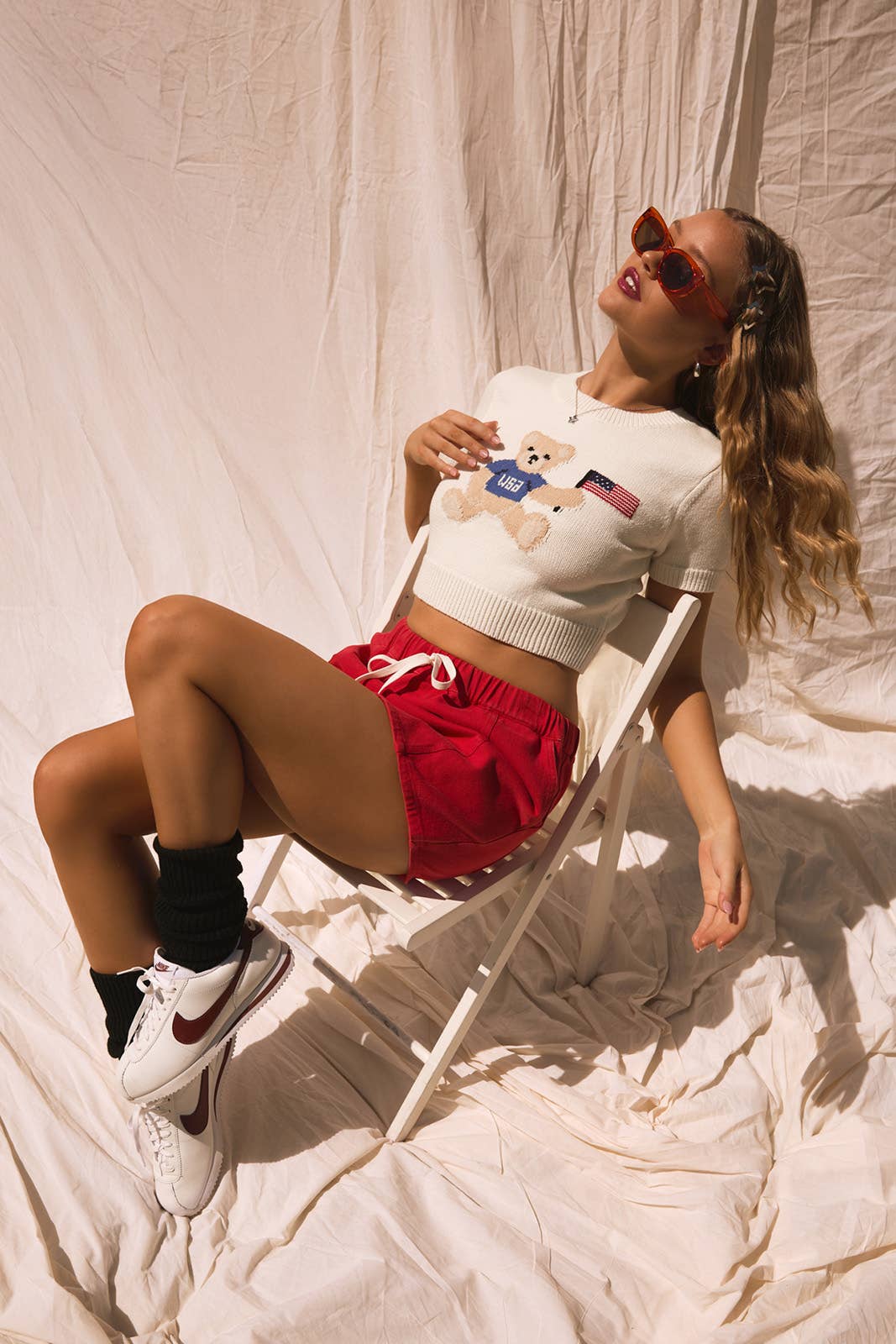TEDDY BEAR WITH USA FLAG" GRAPHIC CREW NECK SWEATER TOP