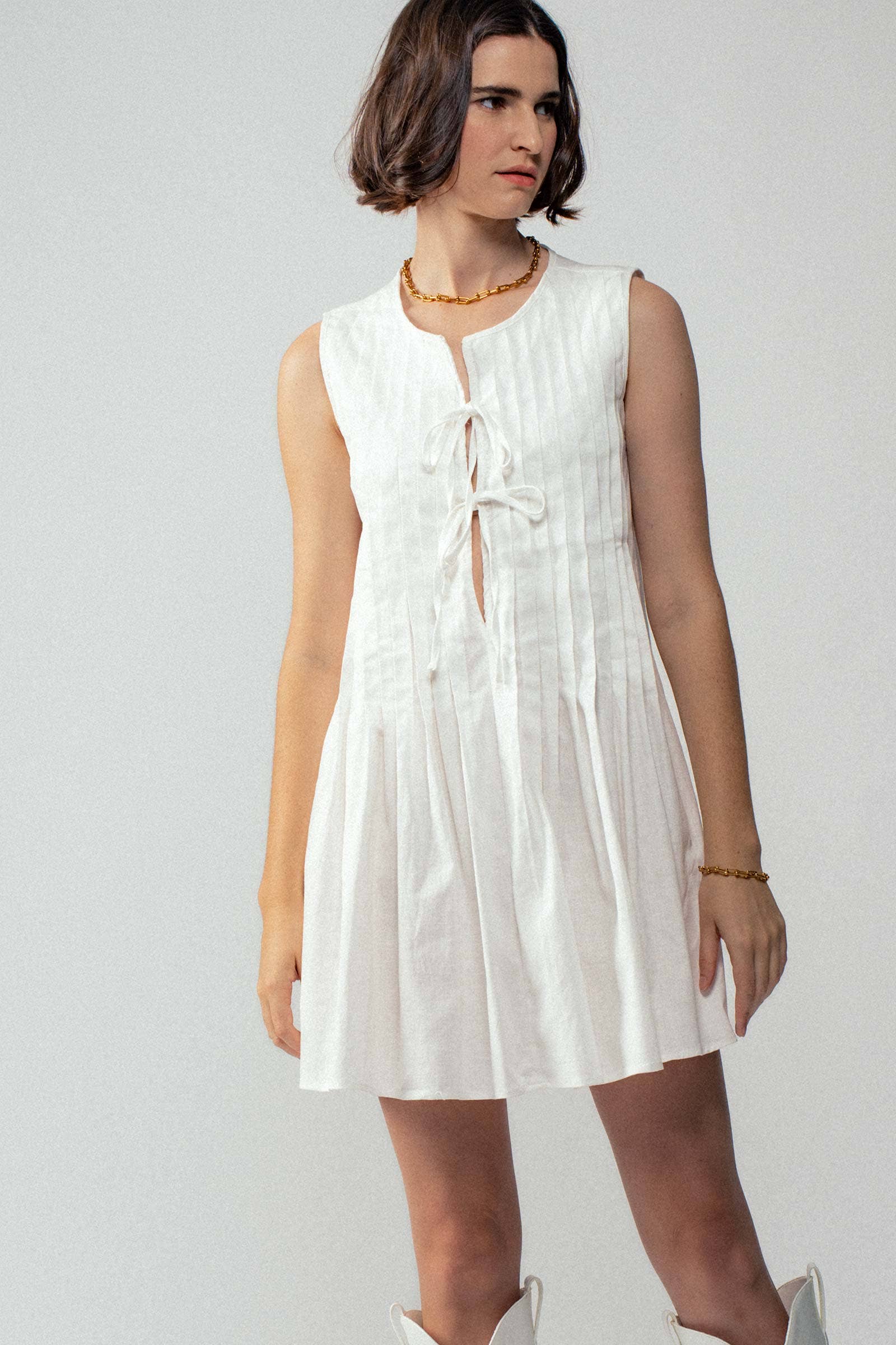 Romantic Pleated Deep V Neck Front Tie Sleeveless Mini Dress