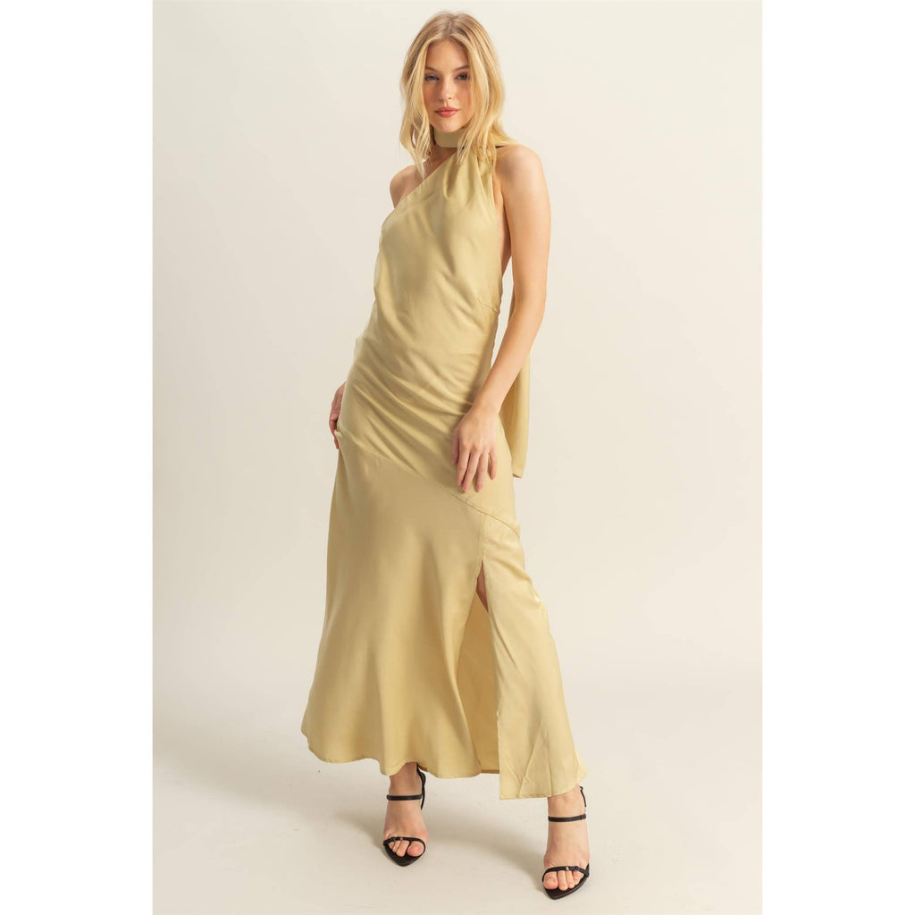 Curve Hugging Satin Halter Maxi Dress