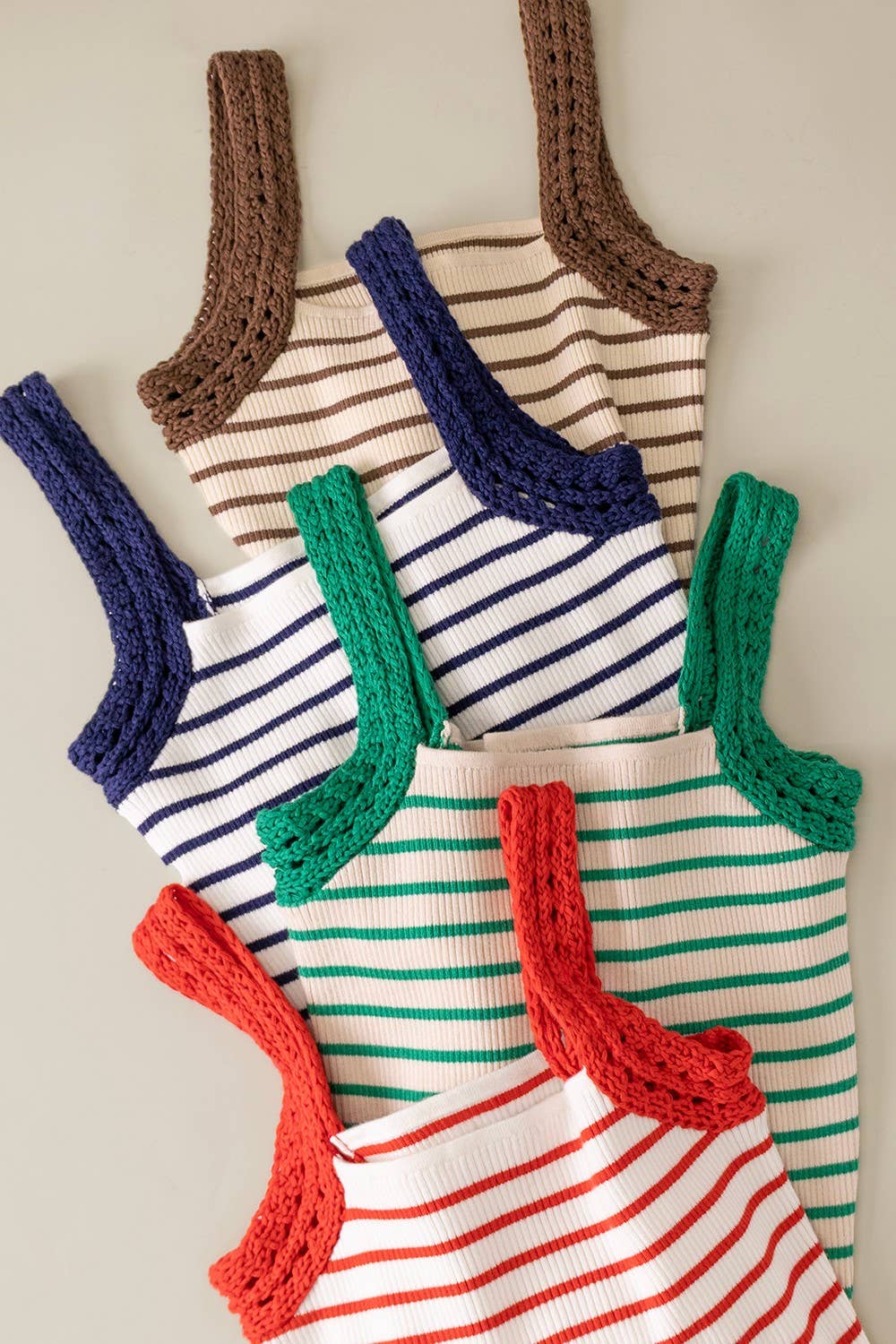 Crochet Sleeve Striped Knit Tank Top: CHOCOLATE