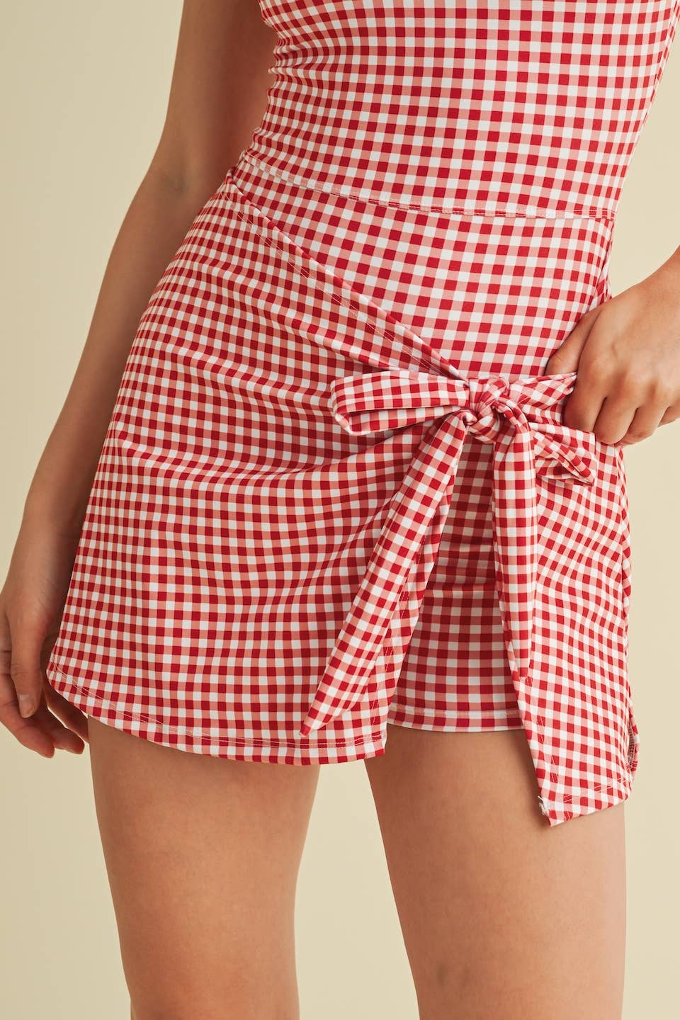 Gingham Print Sleeveless Wrap Tie Front Dress : Red Gingham