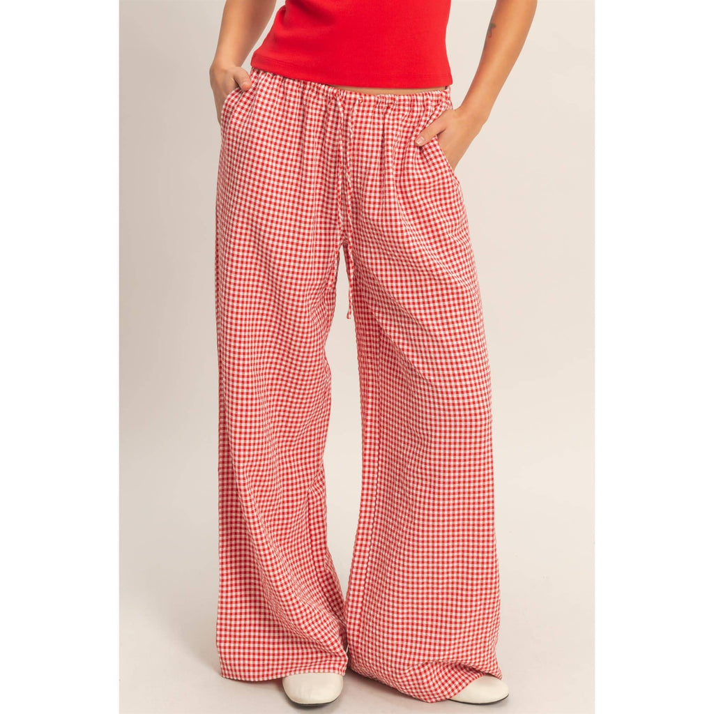 Gingham Drawstring Wide-Leg Pants: RED