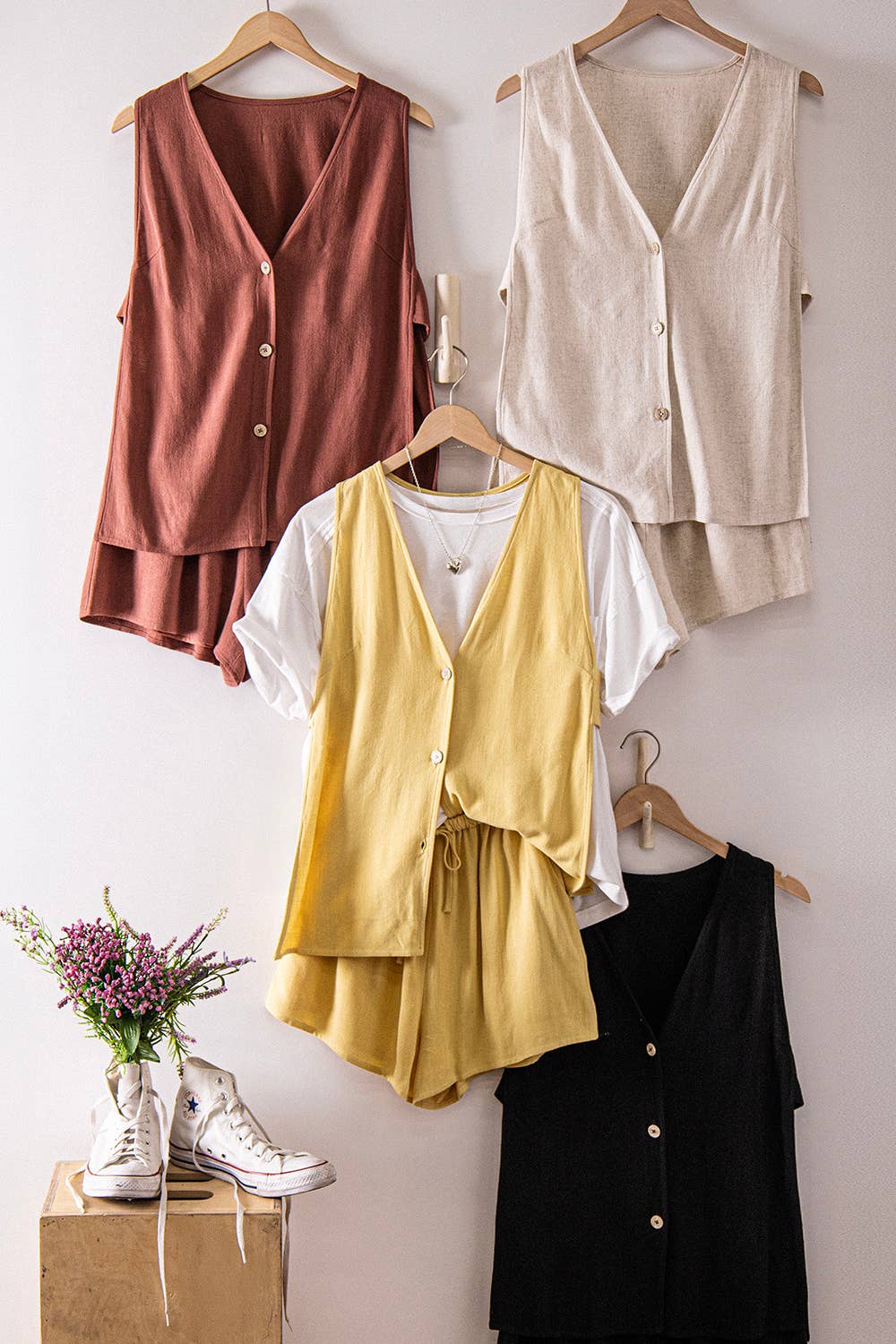 Solid Linen Top & Shorts Set: BRICK