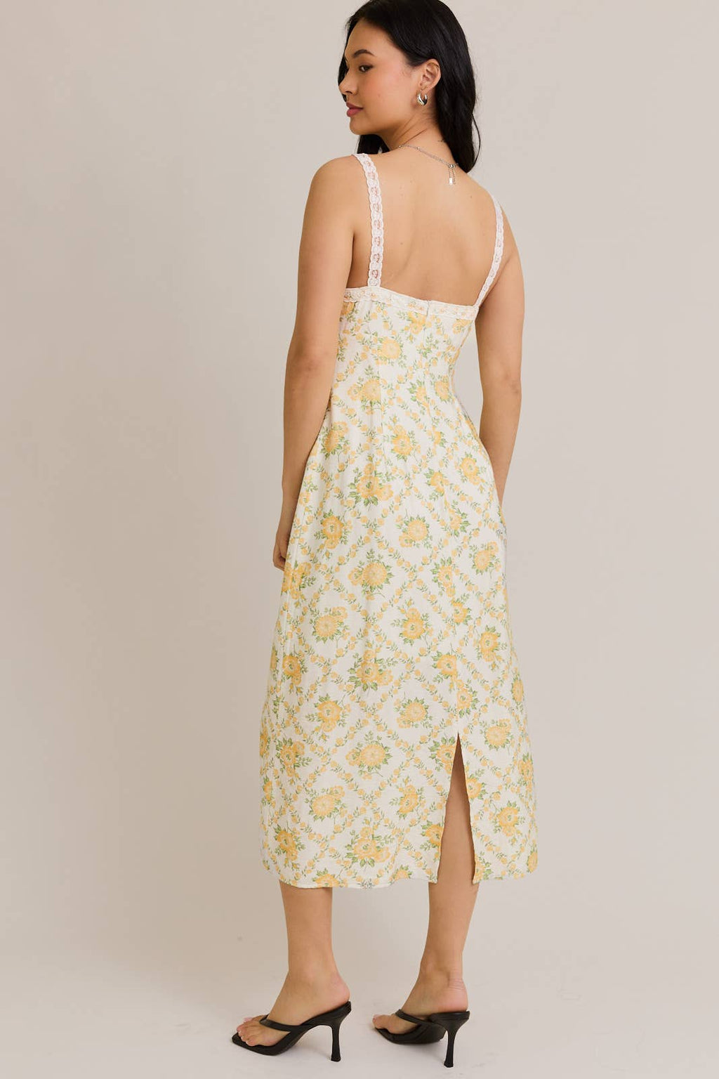 LACE TRIM MIDI DRESS: CREAM-YELLOW FLORAL