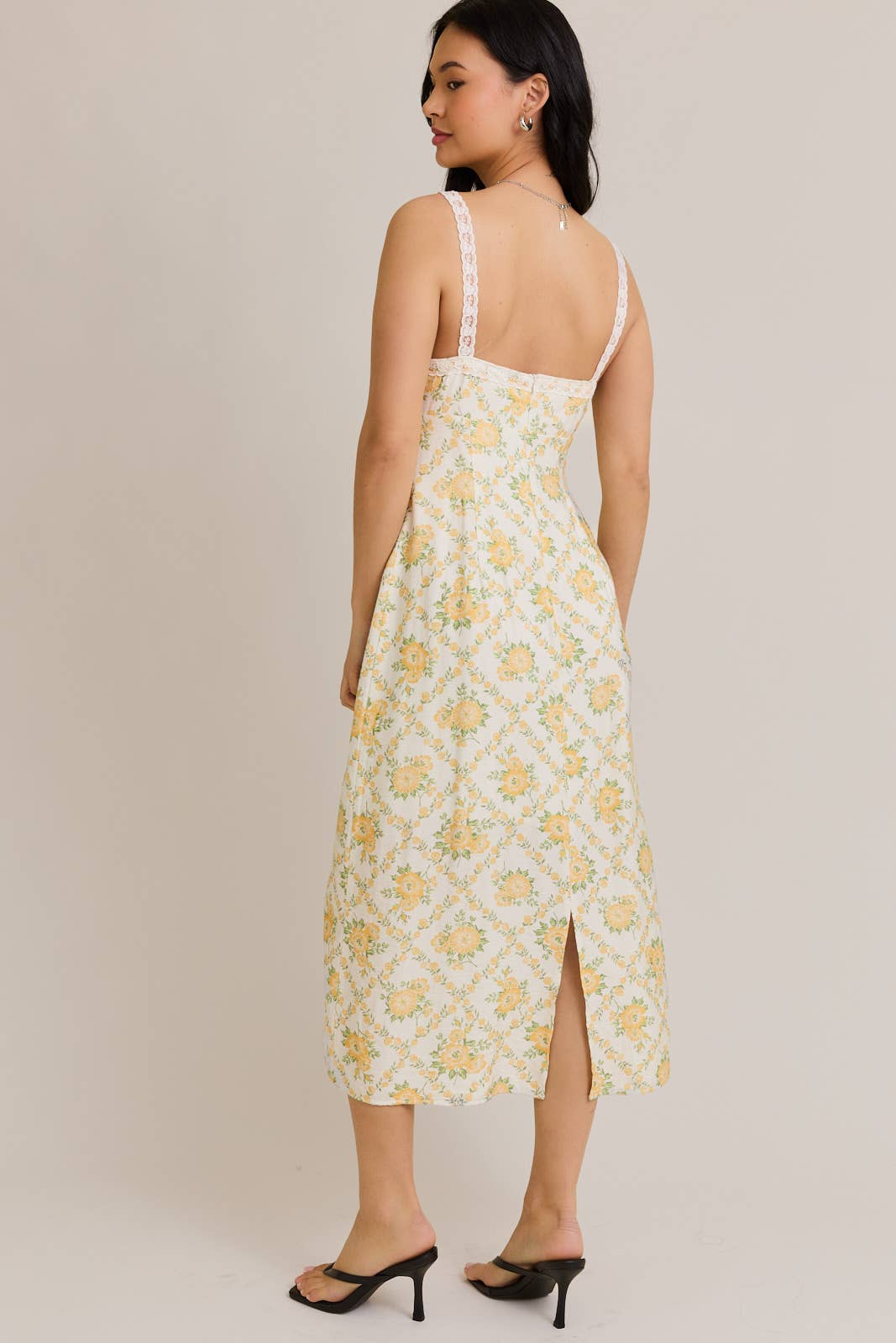 LACE TRIM MIDI DRESS: CREAM-YELLOW FLORAL