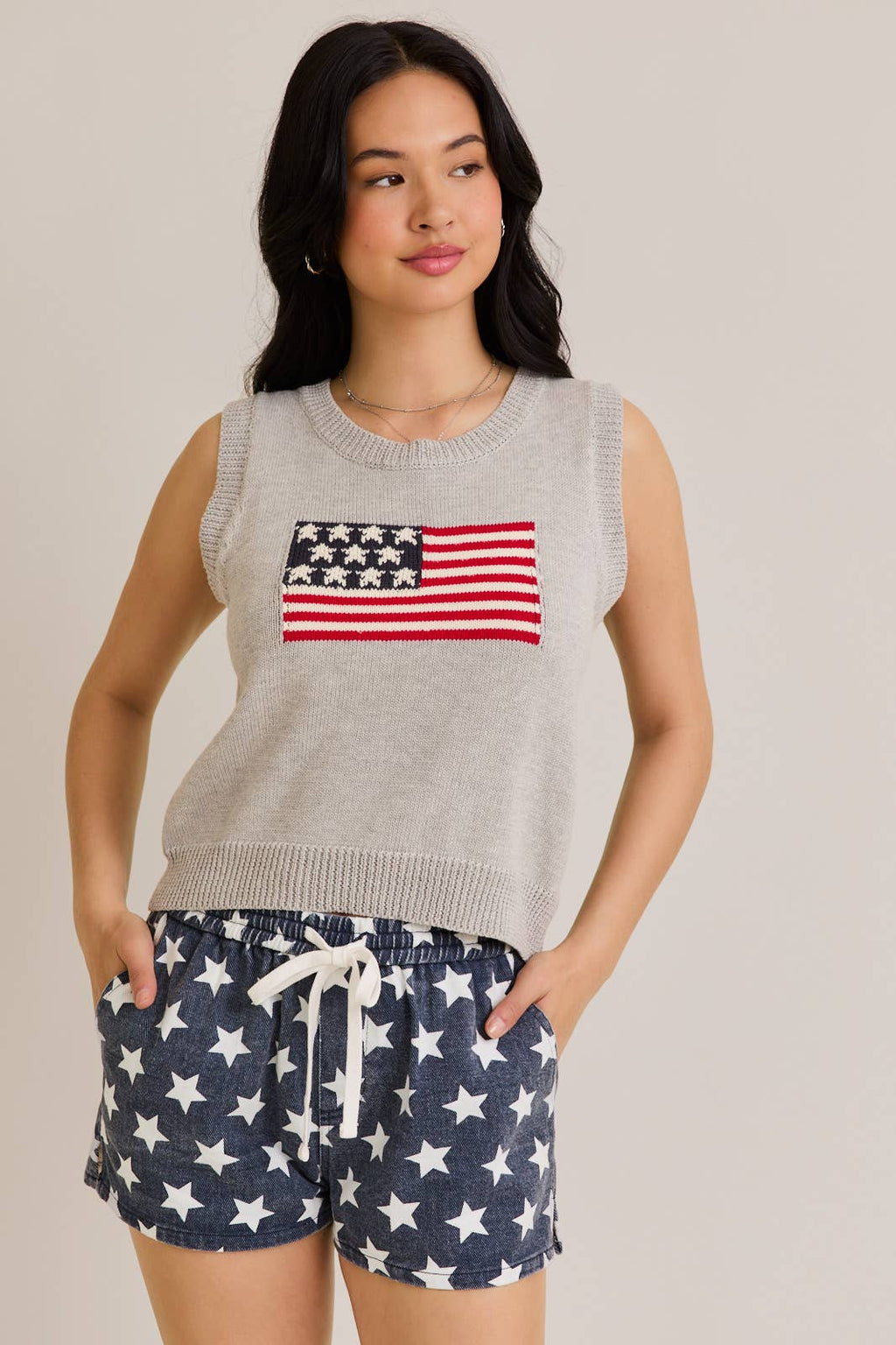 AMERICAN FLAG SLEEVELESS SWEATER TOP: TAUPE
