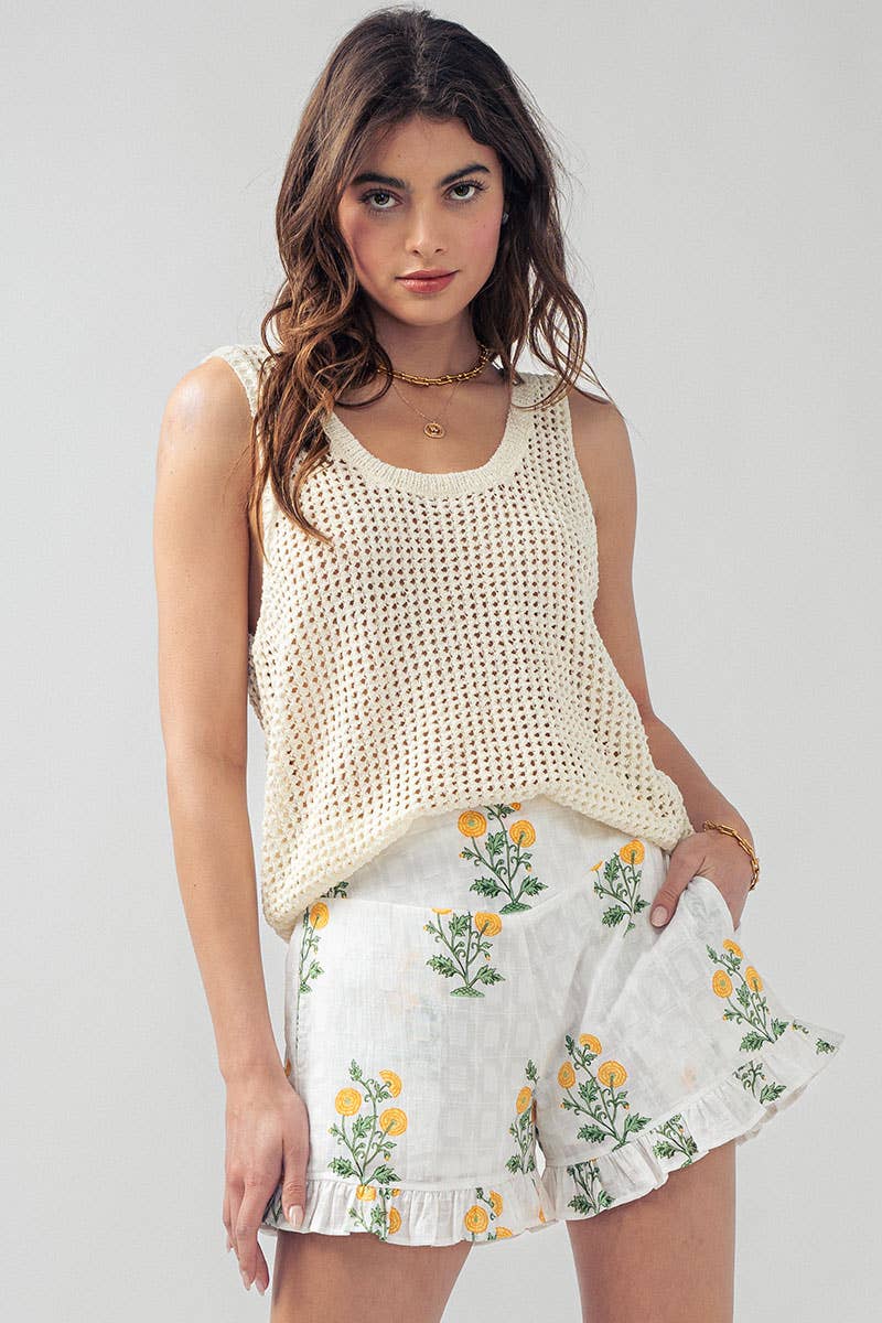 Yellow Floral Print Ruffle Shorts with Smocked Waist