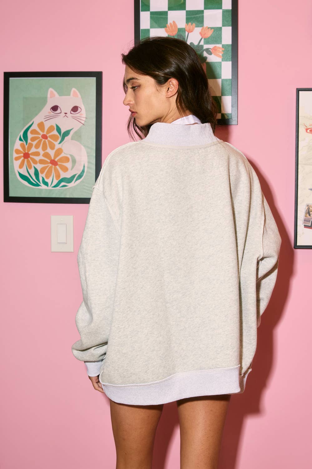 WARDAMN 'WAR DAMN & TIGERS' Reversible Mock Neck Top: Heather grey