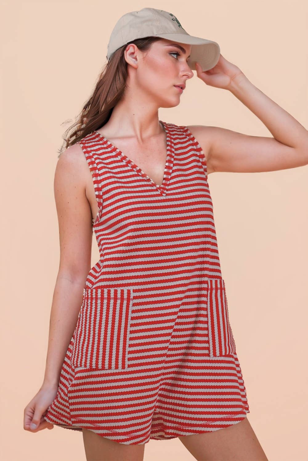 Striped Knit Casual Comfy Romper: RUST
